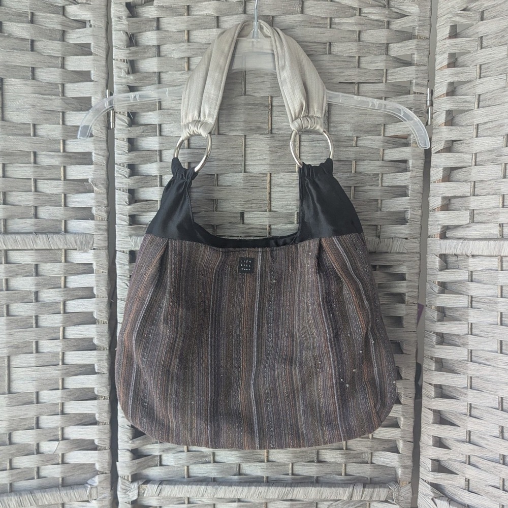 1154 Lill Studio Hobo Slouchy Shoulder Bag Brown Striped Woven Ring Strap Boho